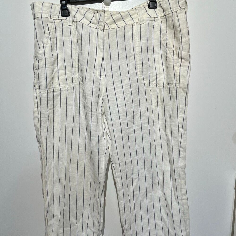M&S Collection Women's Striped Linen‎ Wide Leg Trouser Pants Navy White Size 14